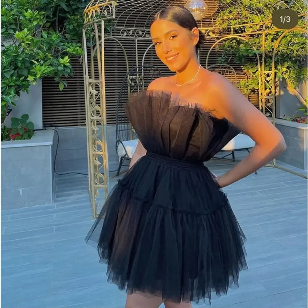 NWT Katie May Elle Mini Dress Black Tuile Puff Strapless Size Large - Picture 3 of 15